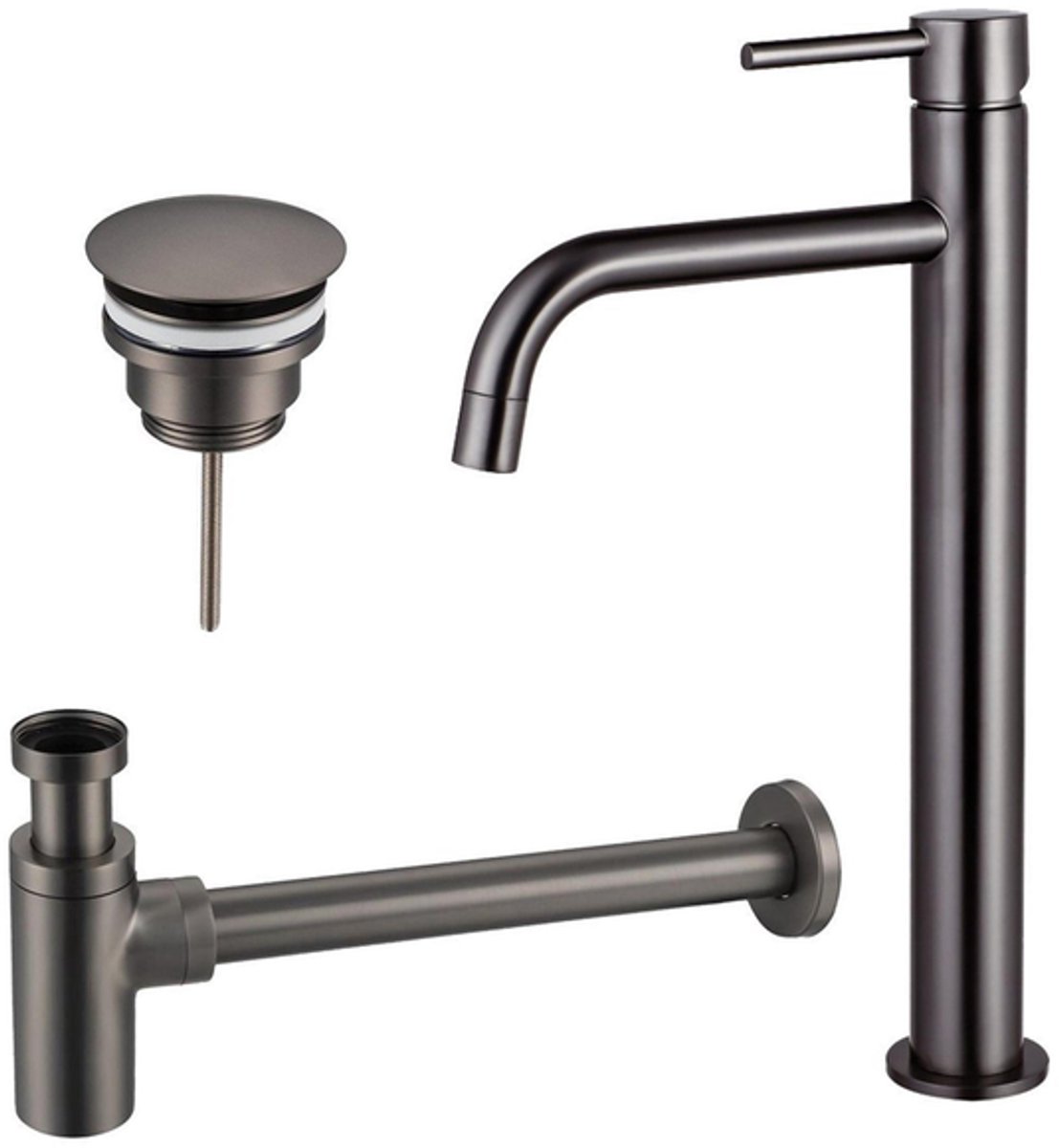 FugaFlow Eccelente Sobrado Badkamer Slim Wastafelkraanset - verhoogde wastafelkraan - always open plug - design sifon - PVD Gepolijst Gunmetal