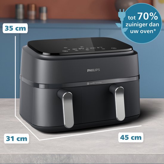 Philips 3000 Series Dual Airfryer - NA351/00 - Dubbele Mand - 9L - Tot 6 Personen - Zwart/Zilver