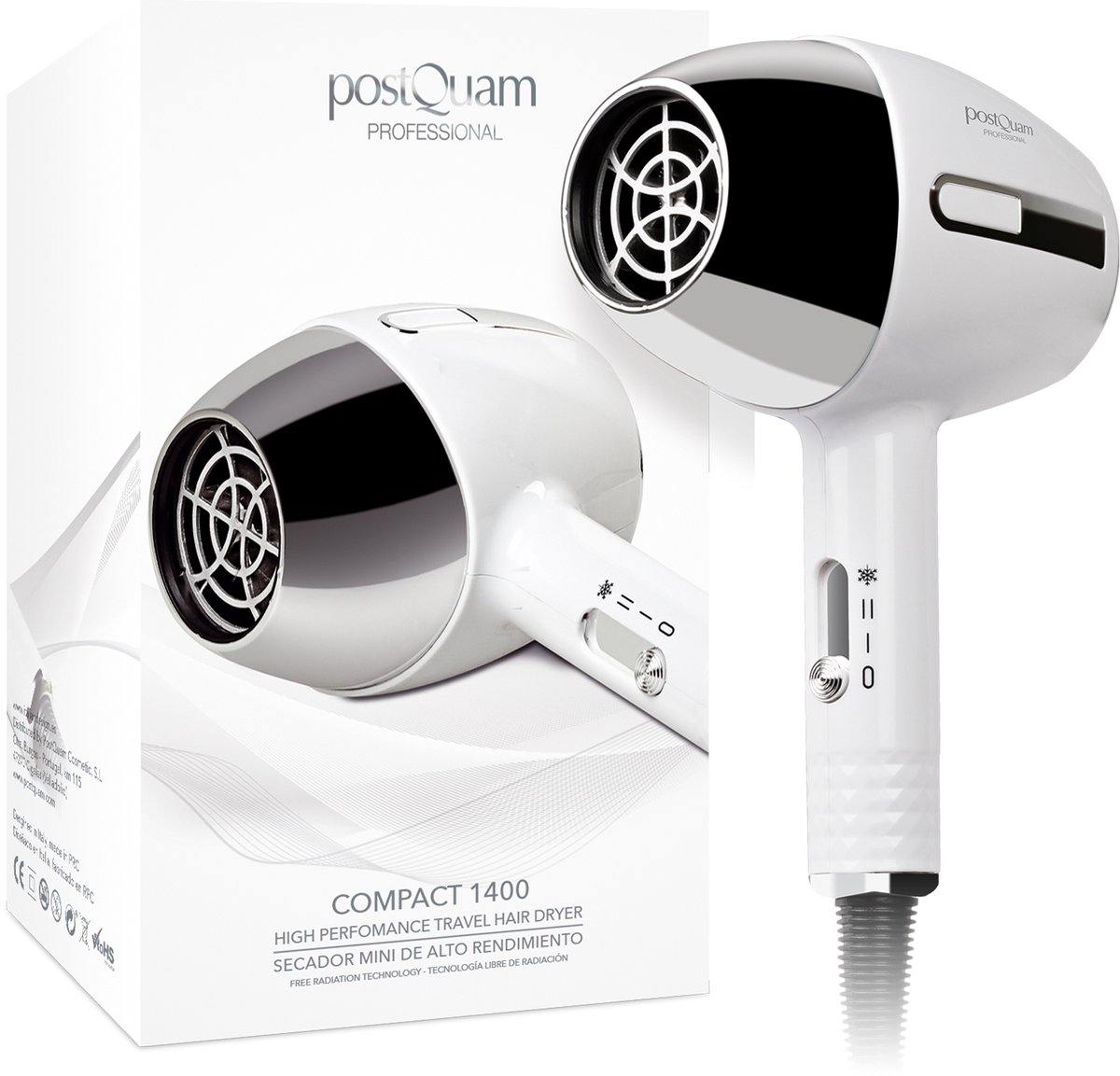PostQuam PQPAE1002 haardroger 1400 W Zilver, Wit
