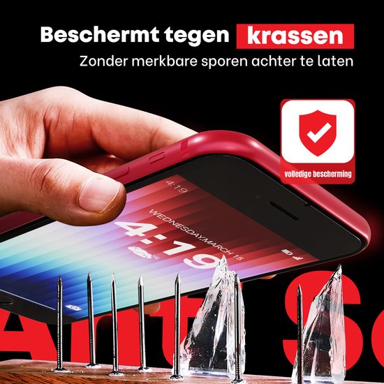 Film protectrice sur smartphone rouge protégeant contre les rayures et les clous. Avec "protection complète".