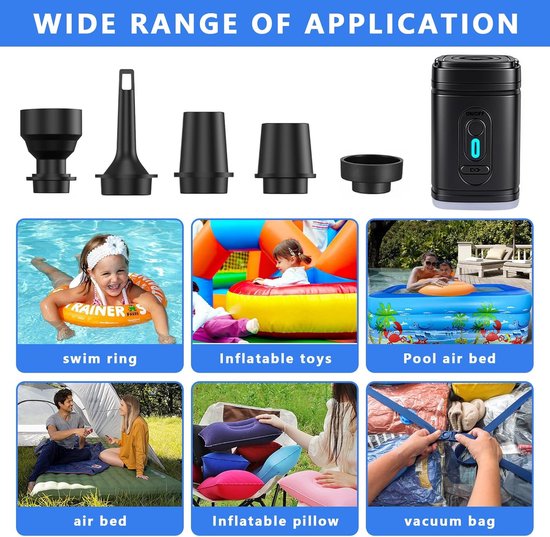 Gonfleur électrique noir avec 5 embouts pour bague de natation, jouets gonflables, lits gonflables et sacs sous vide.