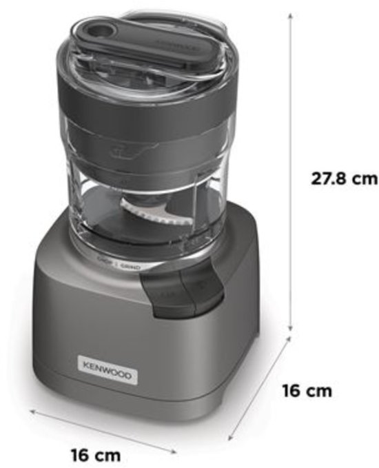 Grijze Kenwood chopper met afmetingen 16x16x27.8 cm.