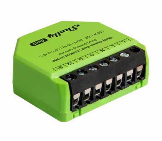 Een schuine weergave van de groene Shelly Dimmer Gen3 slimme dimcontroller met schroefklemmen.