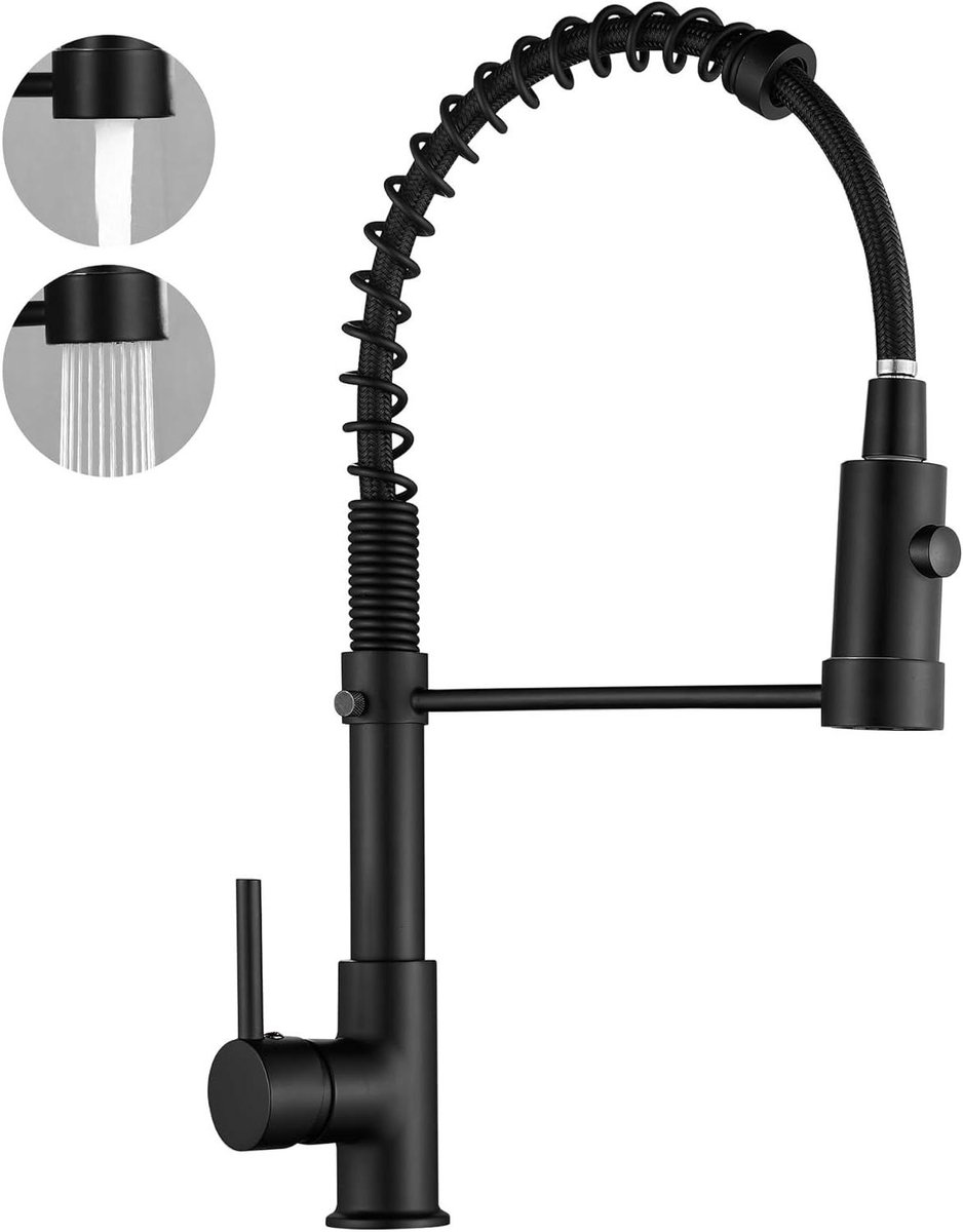 JGS Premium - Zwarte Keukenkraan met Pull Down Sproeier en Lente Hals - Dual Functie - Aanrecht Kranen