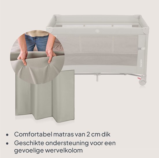 Grijze reiswieg met een vouwmatras die wordt uitgevouwen en een close-up van de constructie van het matras.