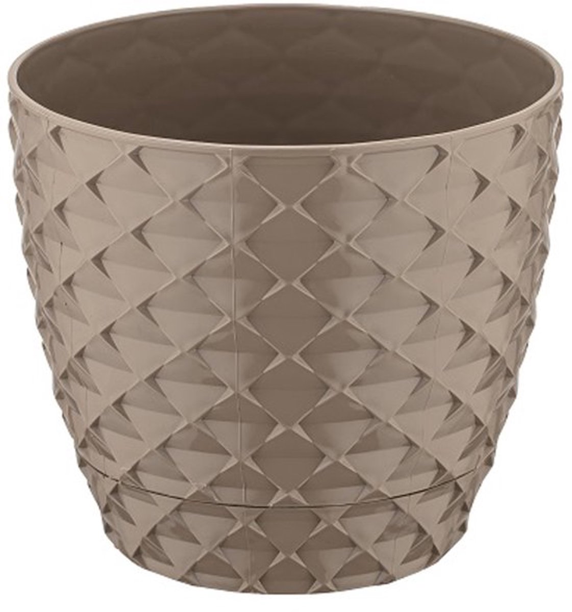 3+2 - Bloempotten -rond taupe met afwatering en wateropvang - 5 ronde mokka sierpotten