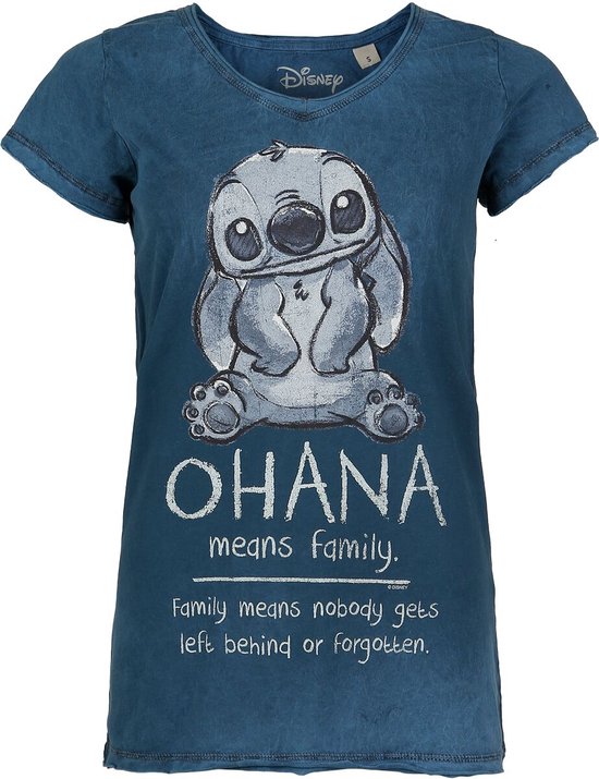 T-shirt bleu Disney avec Stitch disant 'Ohana means family'.