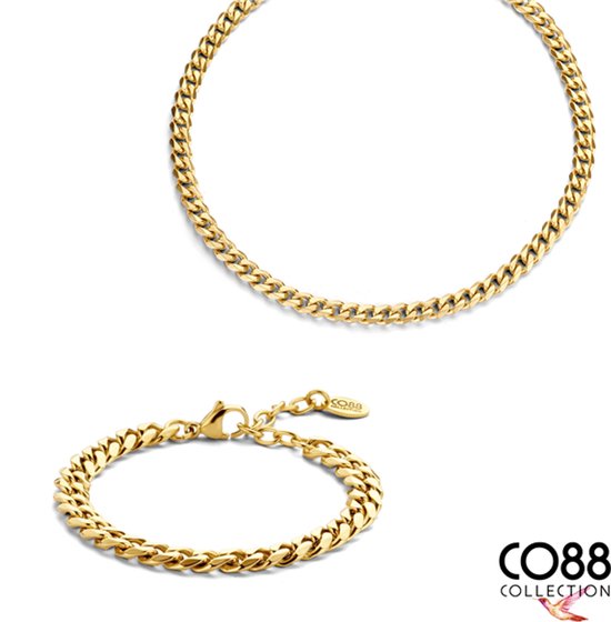 CO88 Collections 8CO-SET097 - Parure de Bijoux en Acier - Collier avec Bracelet - Gourmet - 7 mm de Large - Collier 50+7 cm - Bracelet 19 cm - Doré