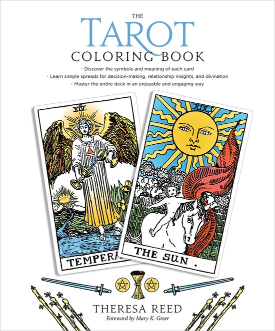 De Tarot Coloring Book met kaarten 'Temperance' en 'The Sun'.