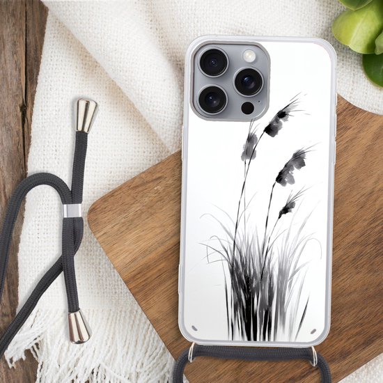 Telefoonhoesje Geschikt voor iPhone 16 Pro Max - Minimalistisch - Stelen - Wit - Siliconen - Crossbody - Backcover met Koord - Telefoonhoesje met koord - Hoesje met touw Telefoonhoesje