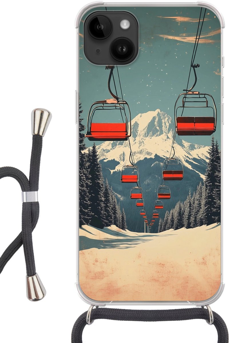 Telefoonhoesje Geschikt voor Apple Iphone 14 Max - Sneeuw - Skilift - Rood - Bomen - Siliconen - Crossbody - Backcover met Koord - Telefoonhoesje met koord - Hoesje met touw Telefoonhoesje