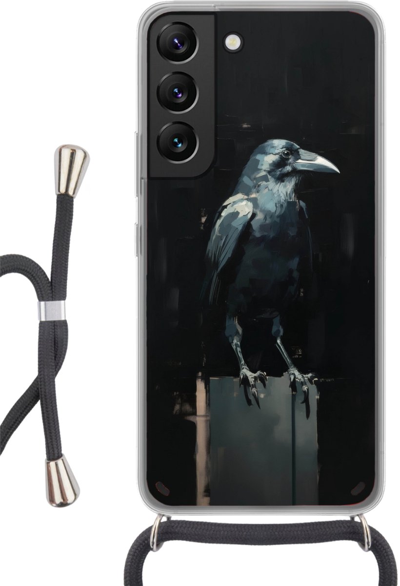 Telefoonhoesje Geschikt voor Samsung Galaxy S22 - Raaf - Vogels - Zwart - Siliconen - Crossbody - Backcover met Koord - Telefoonhoesje met koord - Hoesje met touw Telefoonhoesje