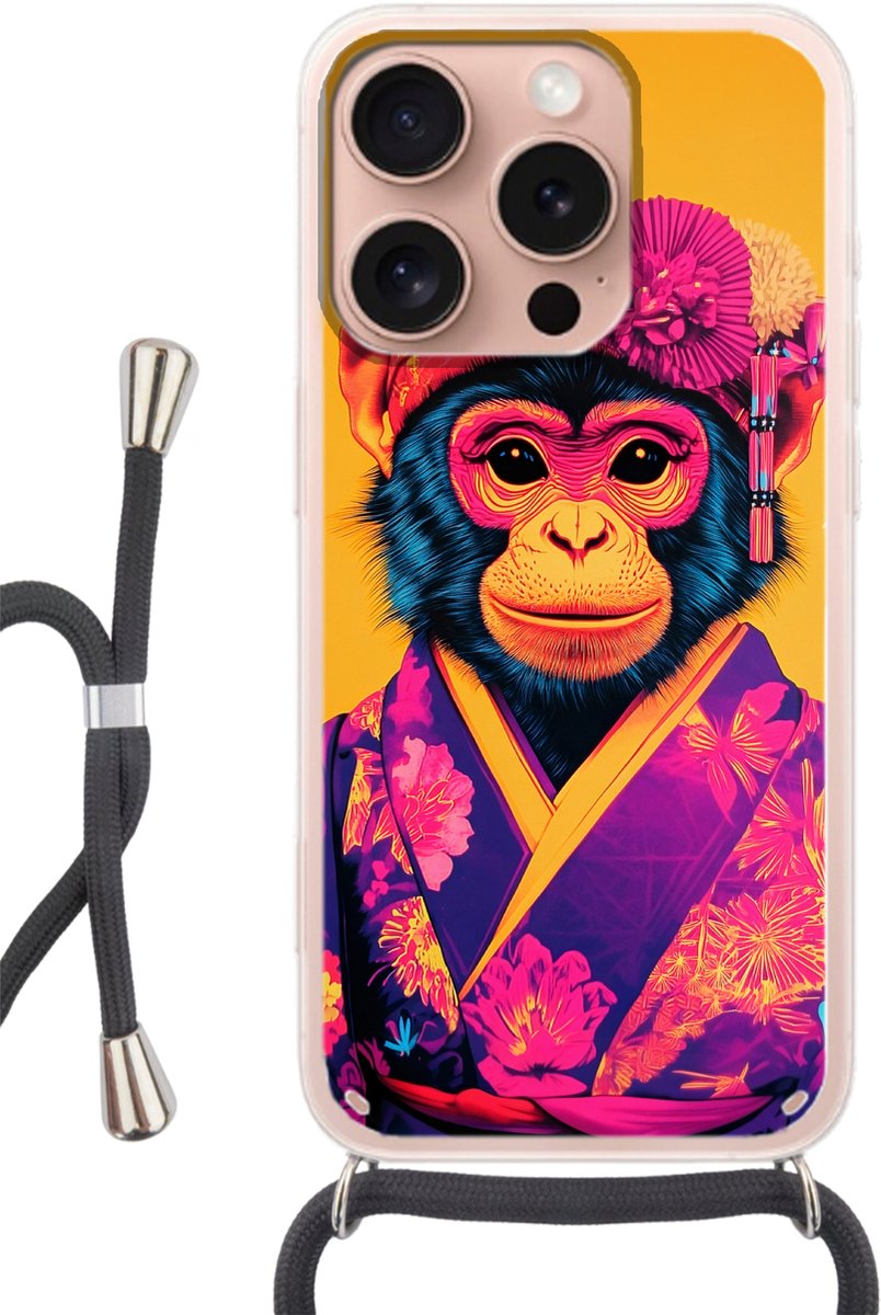 Telefoonhoesje Geschikt voor iPhone 16 Pro - Aap - Kimono - Bloemen - Hoofdtooi - Siliconen - Crossbody - Backcover met Koord - Telefoonhoesje met koord - Hoesje met touw Telefoonhoesje