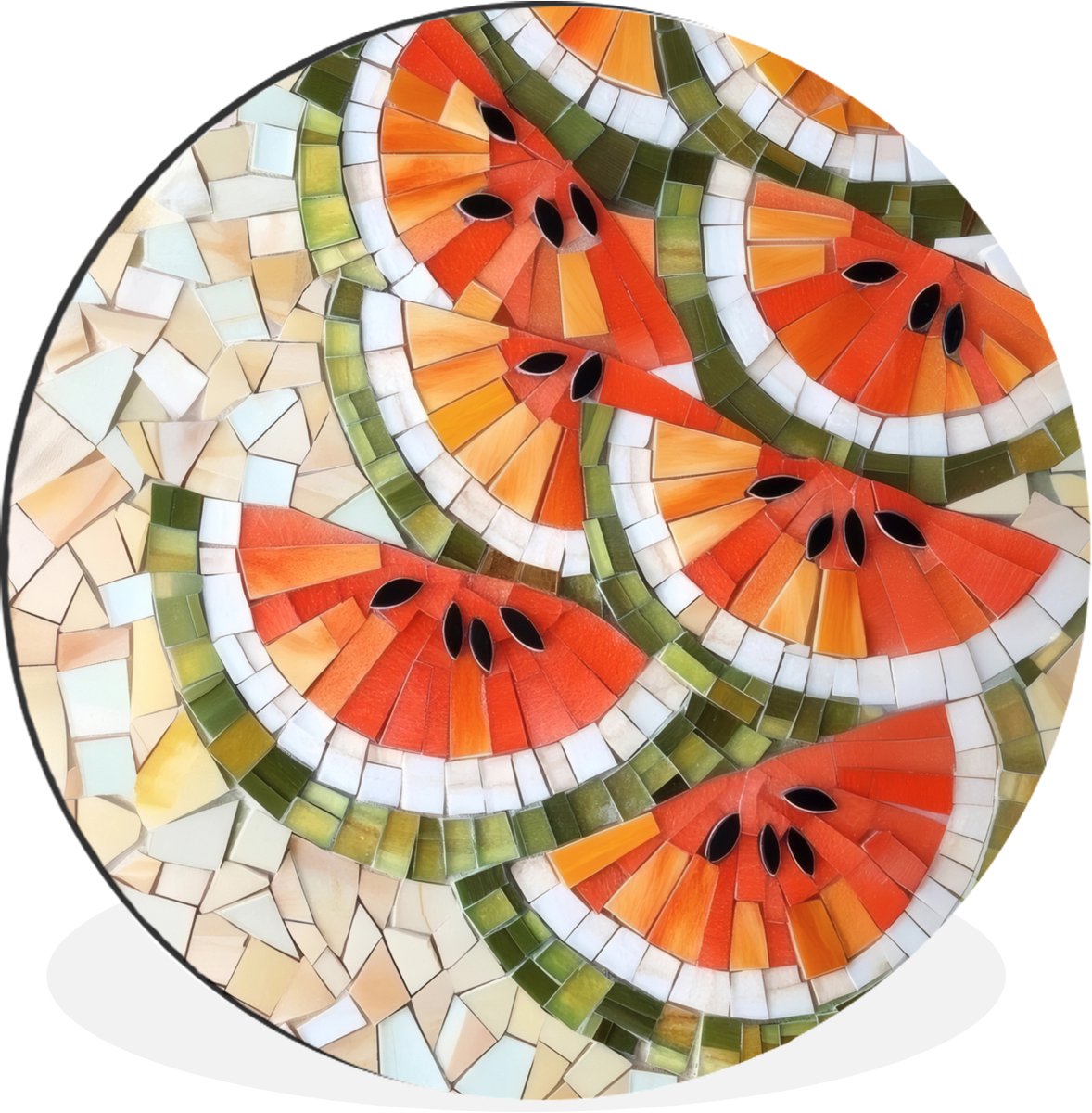 WallCircle Wandcirkel - Muurcirkel - Mozaïek - Watermeloen - Rood - Pitten - Aluminium - Dibond - 90x90 cm - Binnen en Buiten Watermeloen - Pitten - Mozaïek