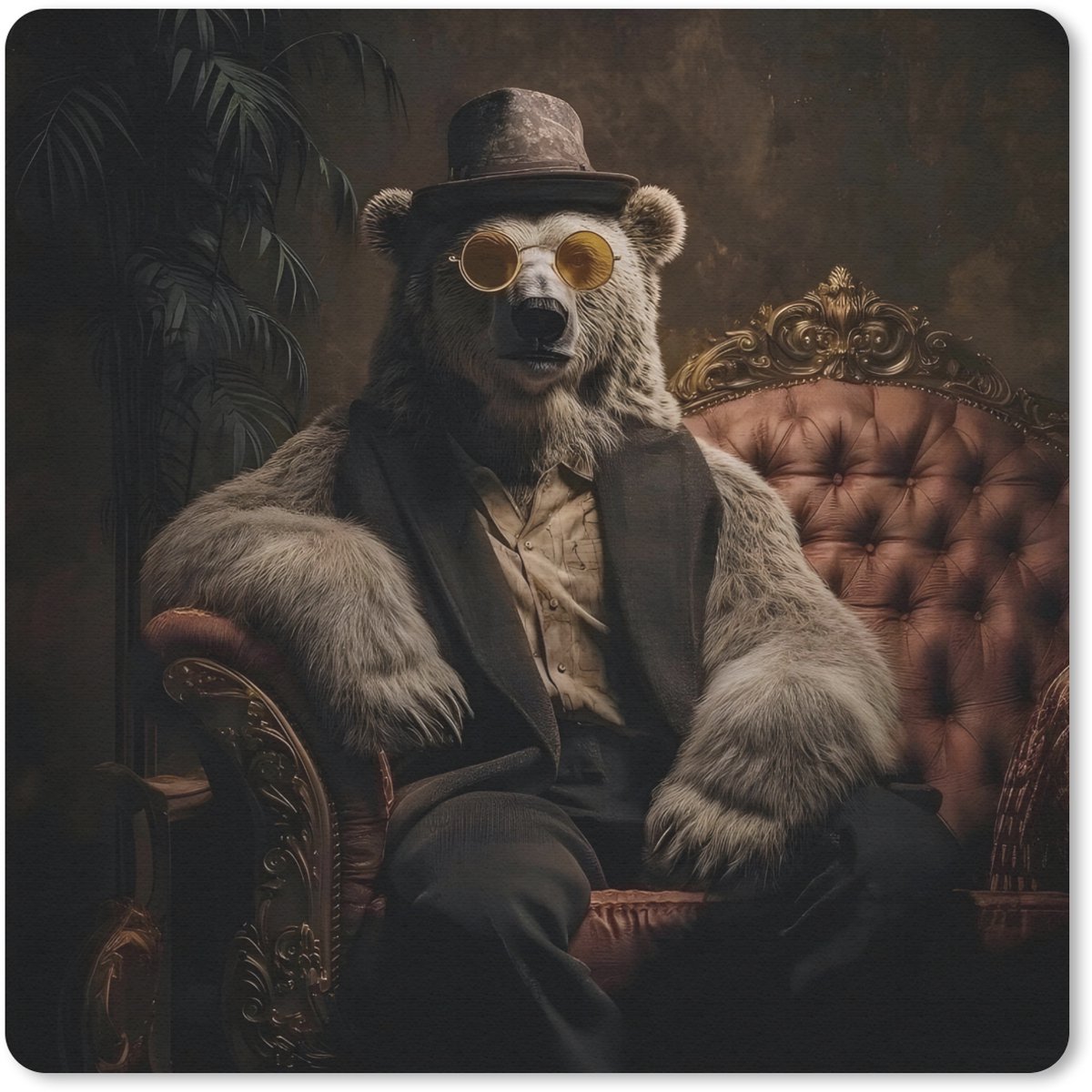 Muismat 20x20 cm - Mousepad Ijsbeer - Hoed - Bril - Stoel - Muismatten