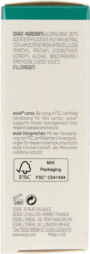 Essie verpakking met ingrediënten en milieuvriendelijke claims.