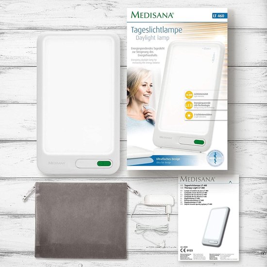 Verpakking van de medisana LT 460 daglichtlamp met productinformatie en accessoires.