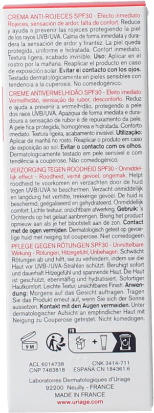 Uriage. Verzegeling van de huid. Tekst van productinformatie in Spaans, Portugees, Frans, Duits.