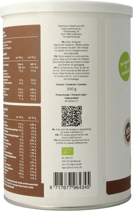 Mattisson - Biologische Erwten Proteïne Poeder - 80% Eiwitgehalte - Vegan Eiwit Supplement - 350 Gram