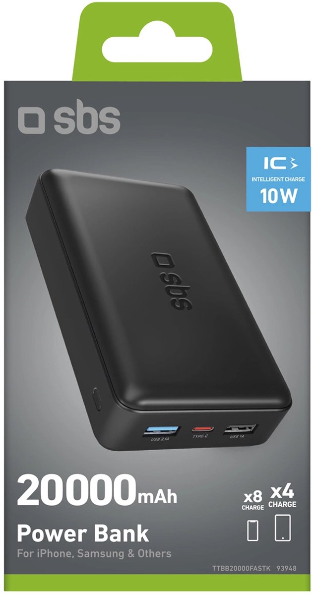 SBS NanoTube PowerBank HD, 20.000 mAh, 65 W Power Delivery, AFC, powerbank met snel opladen, technologie met hoge dichtheid, USB-C, draagbare reisoplader, compact design, zwart