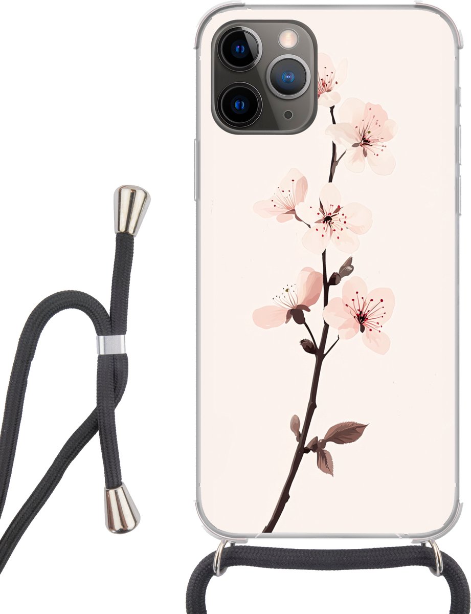 Telefoonhoesje Geschikt voor iPhone 13 Pro - Minimalistisch - Bloesem - Tak - Roze - Siliconen - Crossbody - Backcover met Koord - Telefoonhoesje met koord - Hoesje met touw Telefoonhoesje