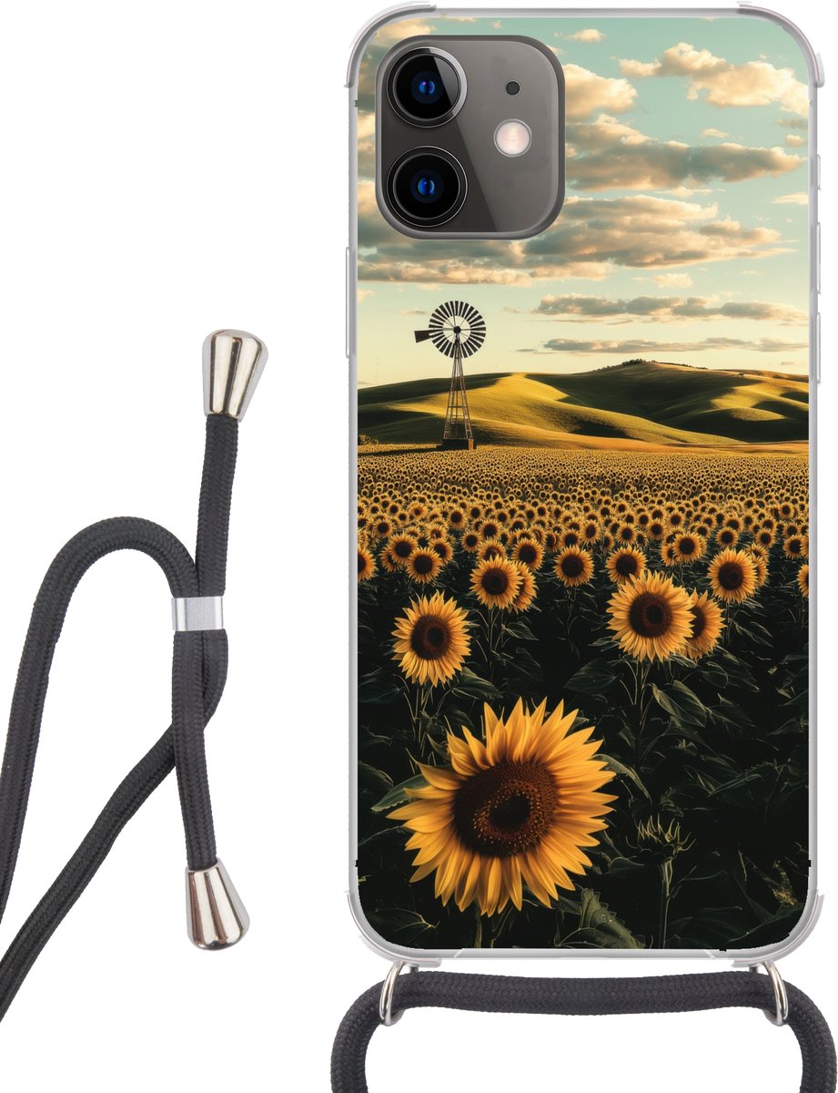 Telefoonhoesje Geschikt voor iPhone 12 Mini - Zonnebloem - Veld - Windmolen - Siliconen - Crossbody - Backcover met Koord - Telefoonhoesje met koord - Hoesje met touw Telefoonhoesje