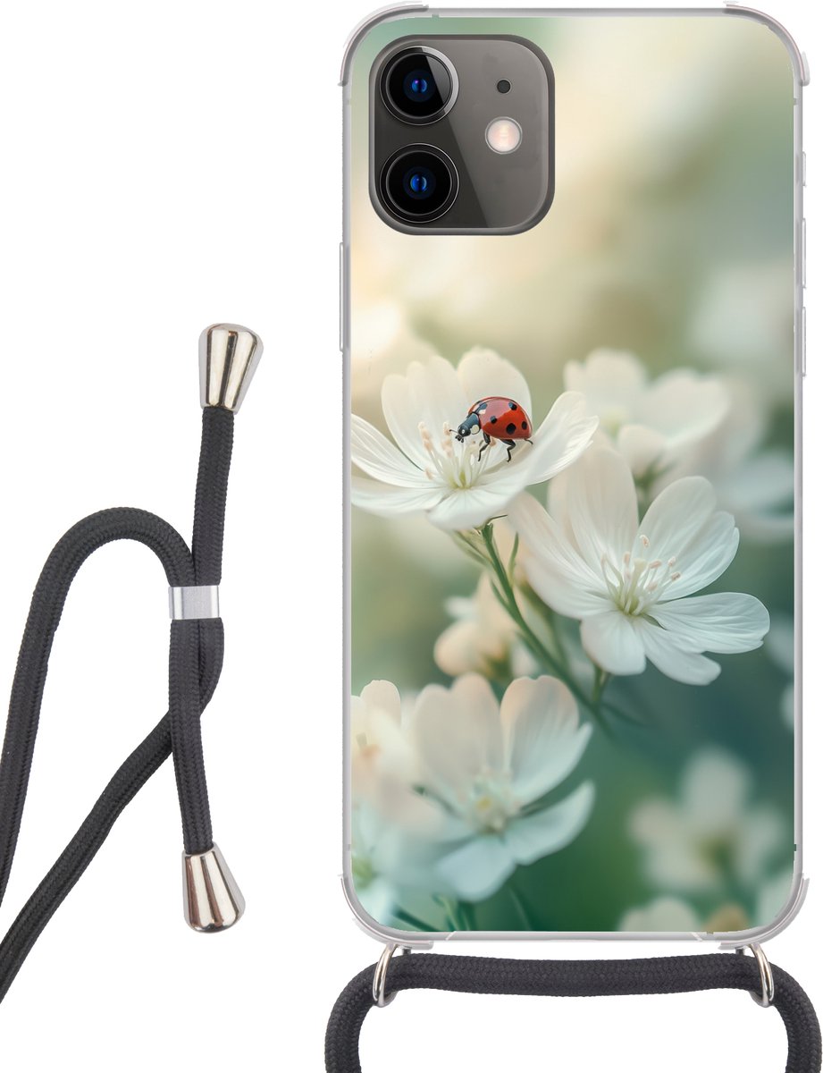 Telefoonhoesje Geschikt voor iPhone 12 Mini - Lieveheersbeestje - Bloemen - Wit - Siliconen - Crossbody - Backcover met Koord - Telefoonhoesje met koord - Hoesje met touw Telefoonhoesje