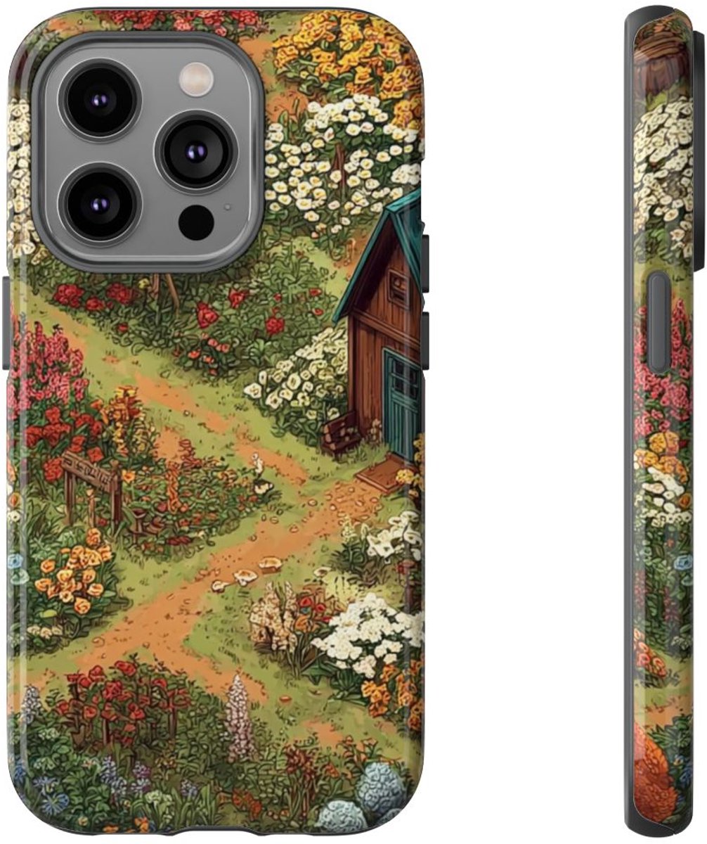 Kleurrijke Bloementuin met Huisje – Telefoonhoesje Geschikt voor iPhone 14 Pro