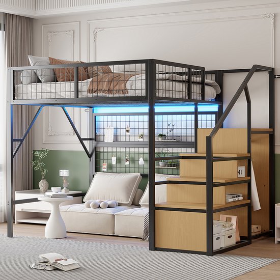 Pugsdrly Lit en fer 140*200 cm Lit mezzanine Convient aux enfants et aux adolescents Structure en métal Design polyvalent Avec échelle de rangement Avec armoire ouverte Bandes lumineuses LED contrôlées par application Zwart