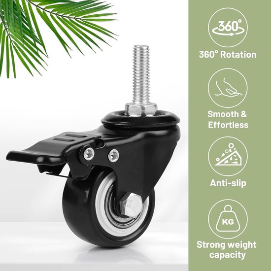 LALAGO Wheels with brake, M8 x 25 mm, castors for furniture (2 with brake + 2 swivel), 40 mm furniture wheels with brake, castors with brake, castors with thread, load capacity 50 kg per wheel van LALAGO — afbeelding 5