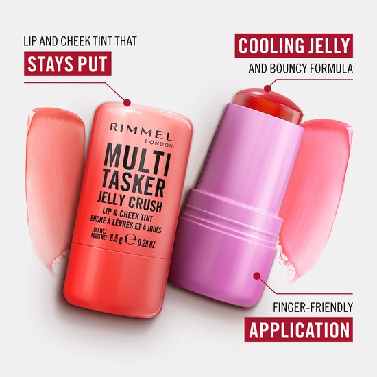 Rimmel Multi Tasker Jelly Crush lip- en cheek tint (felroze) en een felrode variant. Zijkanten met swatches van de tinten. Tekst: 'LIP AND CHEEK TINT THAT STAYS PUT. COOLING JELLY AND BOUNCY FORMULA. FINGER-FRIENDLY APPLICATION.'