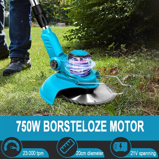 Turquoise grastrimmer met metalen snijblad, 750W borstelloze motor, 23.000 tpm, 20 cm snijdiameter, 21V.