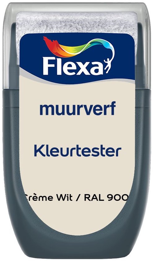 Flexa muurverf kleurtester in 'Crème Wit / RAL 9001', met een afbeelding van een verfroller.