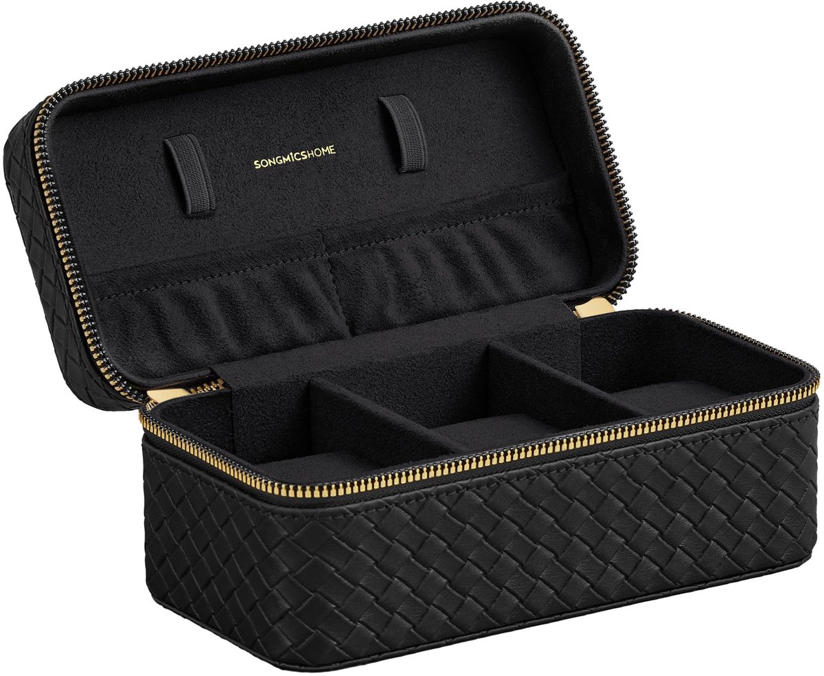 SONGMICS HOME Horlogebox voor op reis, etui voor 3 horloges, PU met gevlochten look, 10 x 20 x 9 cm, cadeau-idee, RONNE-collectie, zwarte deksel, zwarte voering JWB017B01