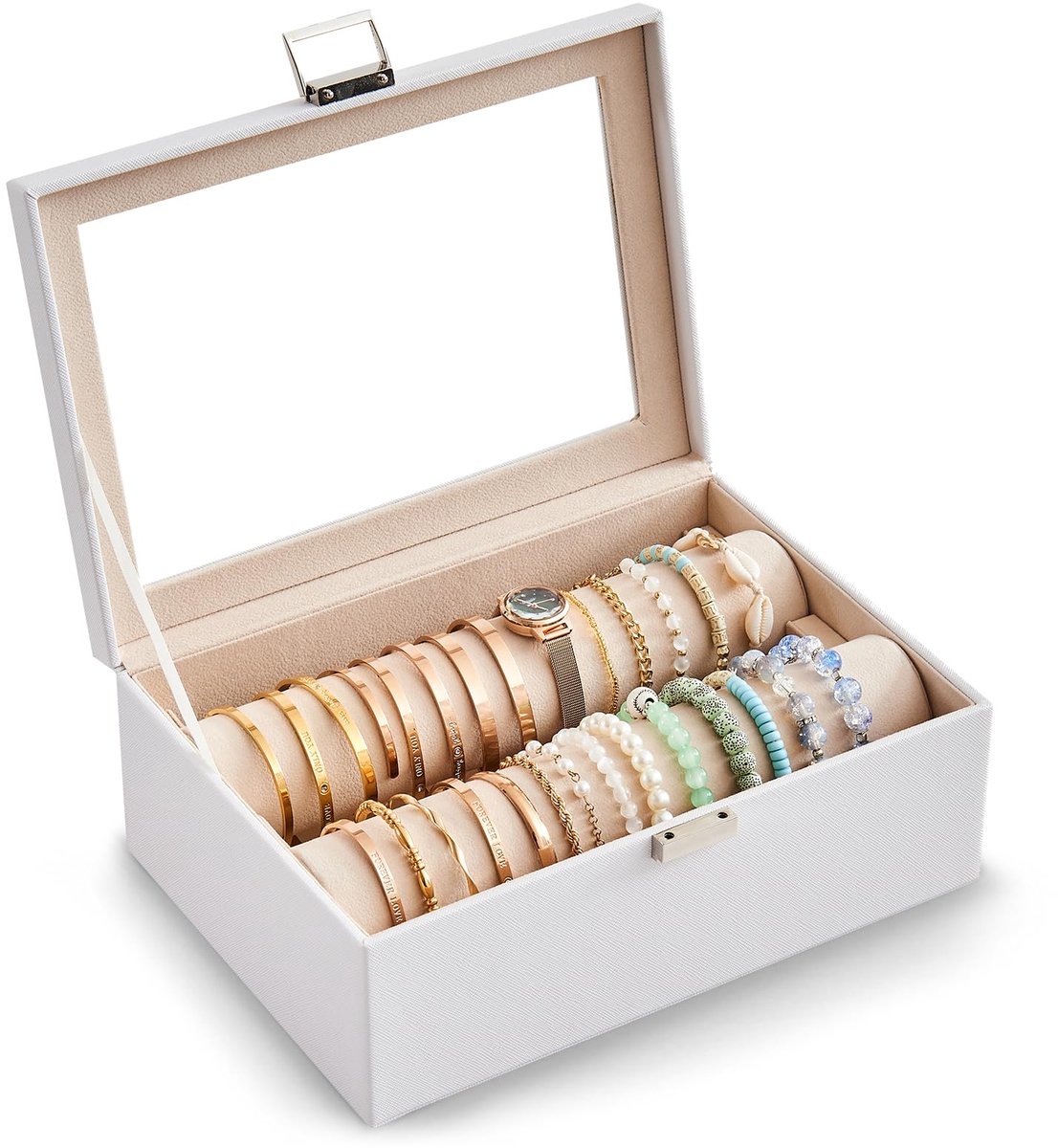 Lolalet Armbandorganizer, Armbanddisplay Sieradendoos Opbergdoos met Wielen voor Armbanden Horloges, Transparante Dekselhouder voor Vrouwen Meisjes - Wit