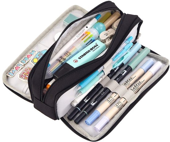 Oyachic 2 Compartiment Etui Clear Mesh Pen Pouch Grid Make-up Cosmetica Tas Transparante Marker Organizer Office Zakelijke Reizen Volwassenen, Zwart, Etui