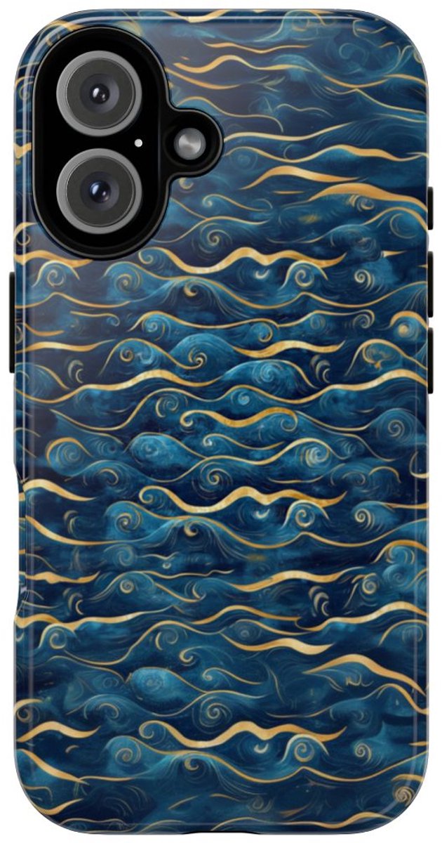 Blauw-Gouden Golfpatroon – Glanzend Stevig Telefoonhoesje Geschikt voor iPhone 16