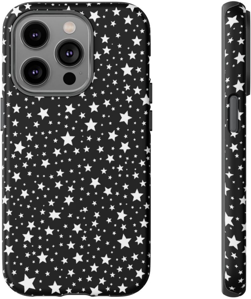 Wit Sterrenpatroon op Zwarte Achtergrond – Mat Stevig Hoesje Geschikt voor iPhone 14 Pro