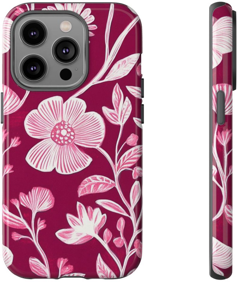 Roze en Witte Bloemenprint – Telefoonhoesje Geschikt voor iPhone 14 Pro