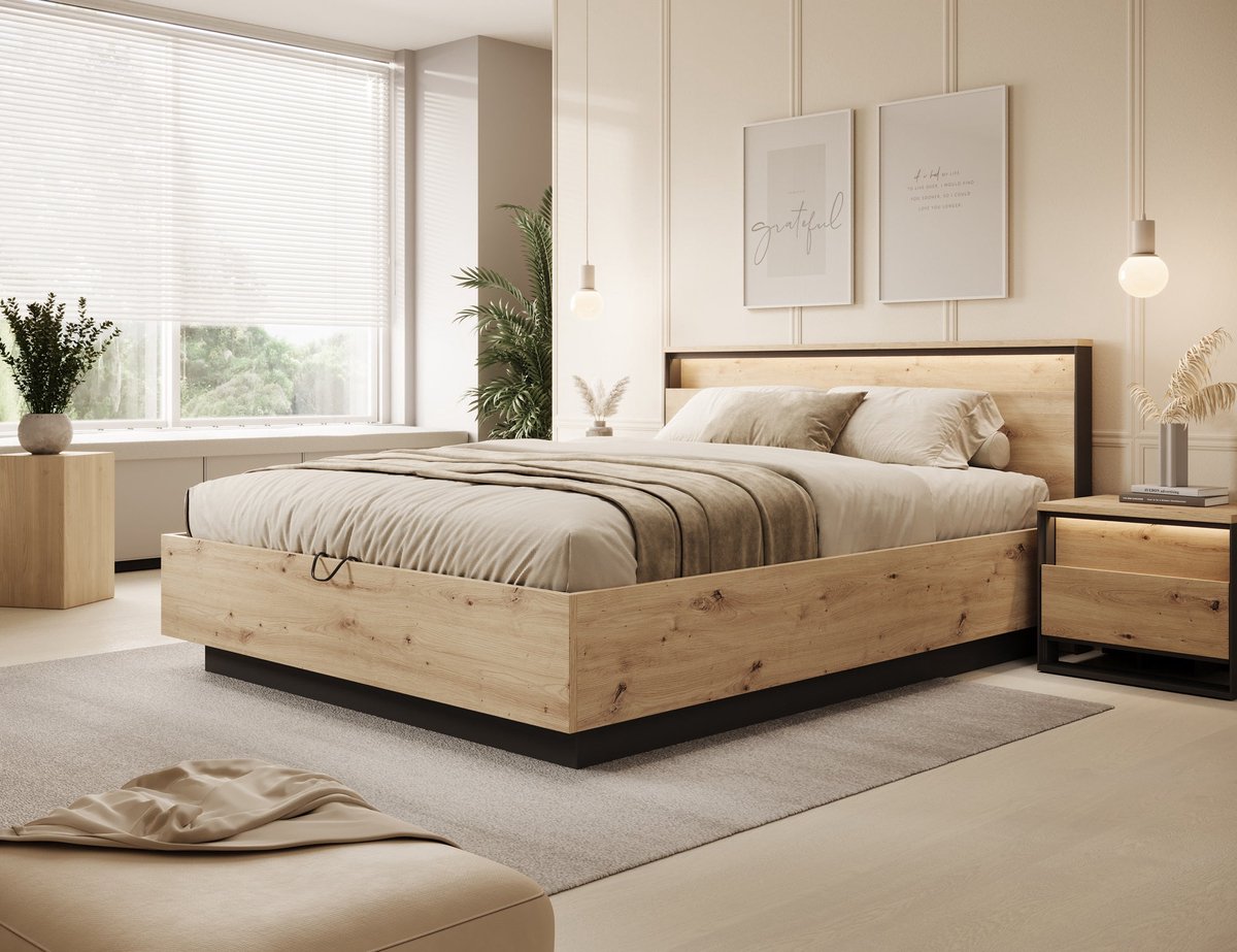 MEUBELLA Tweepersoonsbed Quarry - Eiken - 160x200 cm Bruin