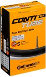 Oranje doos met 'CONTI TUBE RACE 28 (700C) Wide' erop, met specificaties en een afbeelding van een ventiel.