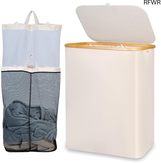 SONGMICS Wasmand Met Deksel, 2 Compartimenten, 120 Liter Bamboe Wasmand Opvouwbaar Afneembaar En Machinewasbaar Waszak Met Handgrepen Voor Wasruimte Slaapkamer Wit Lcb014w01