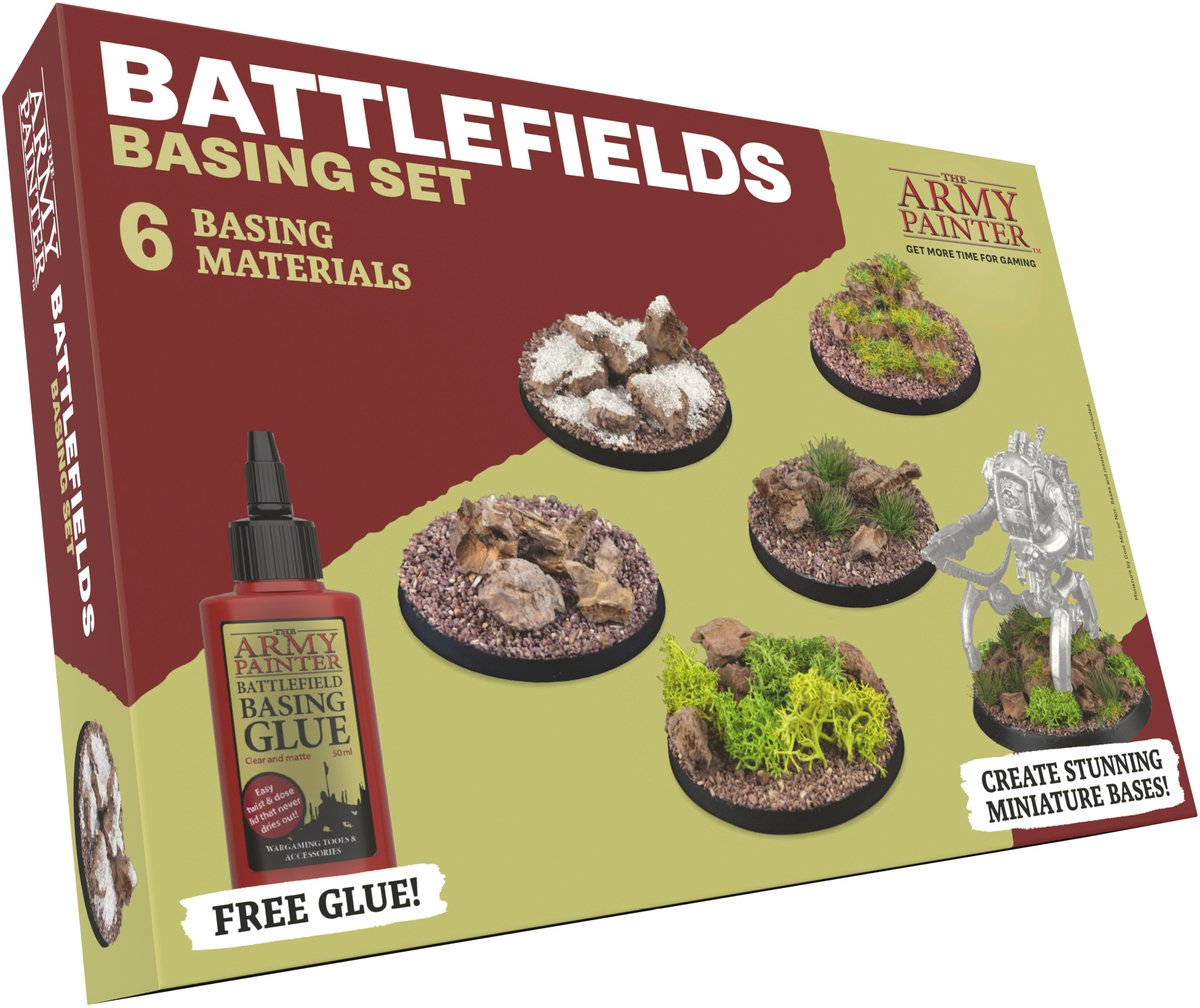 The Army Painter Battlefields Basing Set, Lijm, graspollen, mos-gras, slagveld, stenen en sneeuw voor DnD en Warhammer 40K
