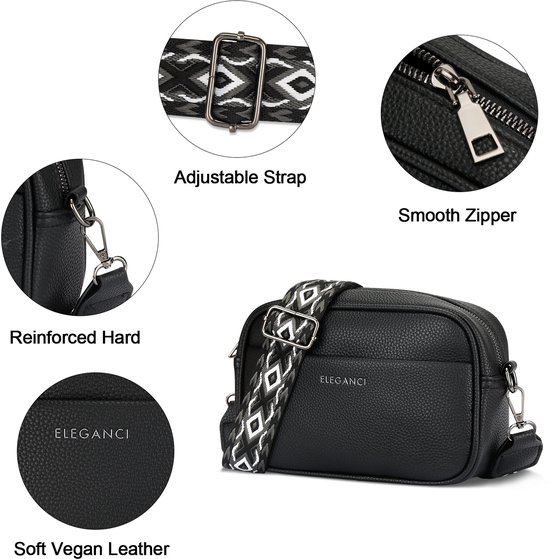 Zwarte Eleganci crossbody tas, vegan leer, verstelbare band, gladde rits, versterkt en met logo.