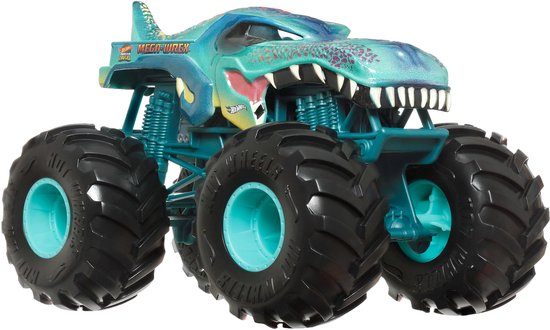 Blauwe monstertruck met haaienvin-achtige rug en tanden, met de tekst MEGA-WREX op de zijkant.