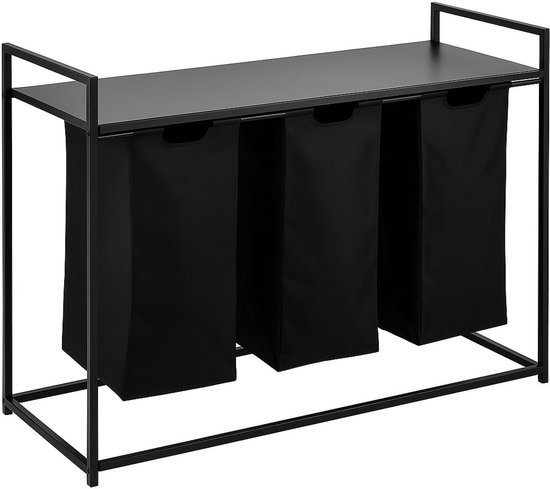Veloura® Wasmand 3 vakken – wassorteerder - uitschuifbaar met plank - 92.5 x 33 x 71 cm – wasmand - 120L verdeeld over 3 zakken – wasmanden – wasmand zwart metaal - zwart - metaal