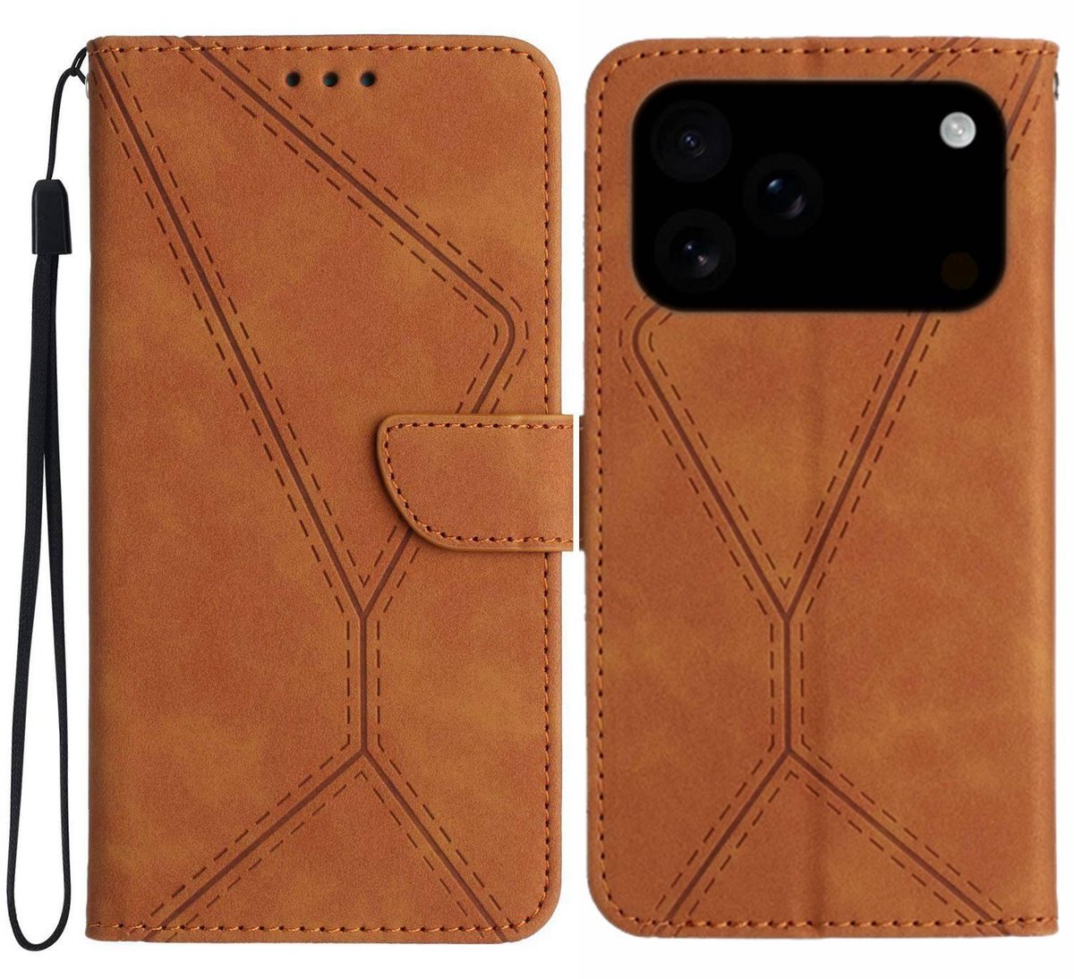 Mobigear Telefoonhoesje geschikt voor Apple iPhone 17 Pro Hoesje | Mobigear Stitch Bookcase Portemonnee | Pasjeshouder voor 3 Pasjes | Telefoonhoesje voor Pinpas / OV Kaart / Rijbewijs - Bruin