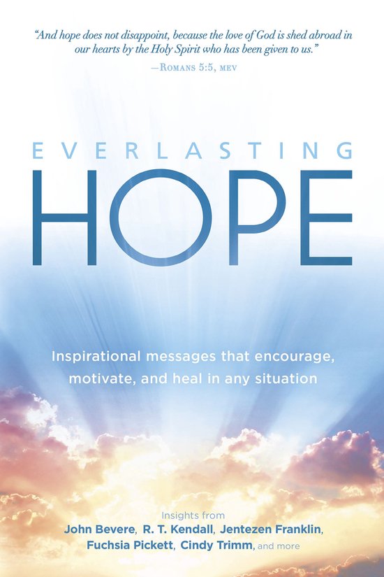 Livre "Everlasting HOPE" avec des messages inspirants sur fond céleste et ensoleillé de nuages et de rayons de lumière.