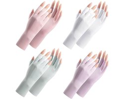 4 paar - Handschoenen - Halfvingerhandschoenen - dames UV-beschermende handschoenen met halve vingers - zomerhand beschermingshandschoenen - vingerloze handschoenen met bescherming tegen de zon - roze, wit, grijs en paars - 23 cm