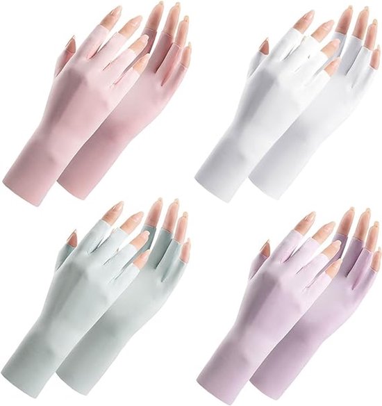 4 paar - Handschoenen - Halfvingerhandschoenen - dames UV-beschermende handschoenen met halve vingers - zomerhand beschermingshandschoenen - vingerloze handschoenen met bescherming tegen de zon - roze, wit, grijs en paars - 23 cm